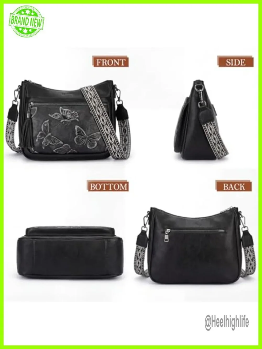 Vegan Leather Hobo Crossbody Butterfly Embossed Purse Women Handbag